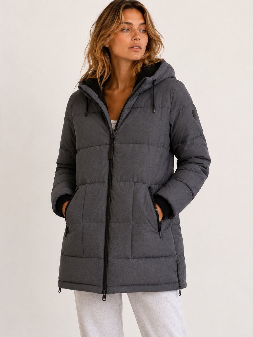 DKNY Hooded Puffer Parka Winter Snow Jacket Gray Lined Storm Cuffs Size XL NWT